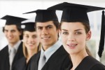 Closeup portrait of happy young graduate men and women in a row